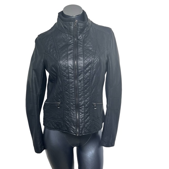 MOSSIMO Black Quilted Vegan Leather Mock Neck Moto Jacket Women's Size S - Picture 1 of 16